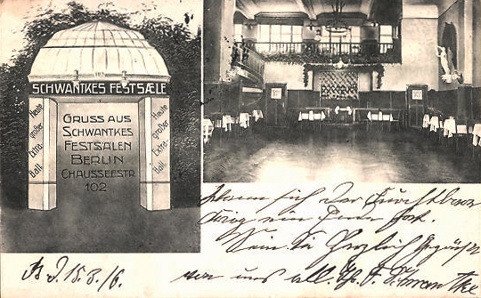 Historische Postkarte „Gruss aus Schwankes Festsälen, Berlin, Chausseestr. 102“ mit Blick in den Saal